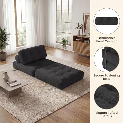 Image of COSTWAY Folding Sofa Bed with Pillow, Convertible Couch (Black) | with Backrest & Fixing Straps, Boneless Convertible Sleeper Chair for Adults, Guest Use, Living Room