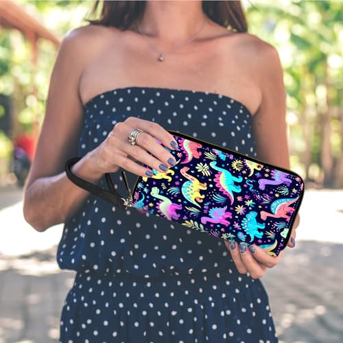 RFID Blocking Wristlet Wallet for Women, Slim PU Leather Clutch Purse with Zipper, Small Credit Card Holder with Wrist Strap, Travel Zip Wallet for Ladies,Cute Dinosaurs2