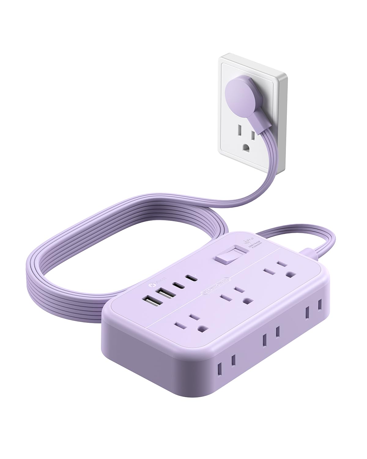 Purple Extension Cord Surge Protector Power Strip with 6 Outlets 4 USB Ports(20W), Flat Extension Cord with Multiple Outlets, 5 ft Flat Plug Outlet
