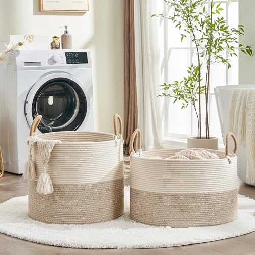 Image of KAKAMAY Large Blanket Basket 20 inchx13 inch, Cotton Rope Woven Laundry Storage Basket, Baskets for Toy,Stuffed Animal Storage, Dog,Toy Box, Gift Basket for Living Room Nursery Baby Hamper (Beige)