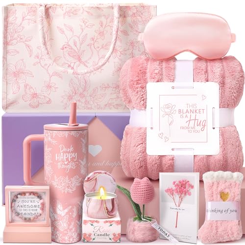 Image of Birthday Gifts for Women, 10PCS Relaxing Self-Care Gift Basket with Flannel Blanket, 40 oz Tumbler, and Tote Bag – Get Well Soon Gift for Mom, Wife, Sister, Friends