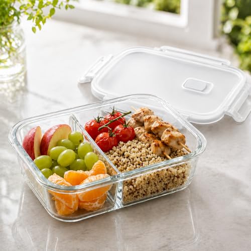 Image of Slim Borosilicate Glass Two Compartment Lunch Box | Leakproof Silicone Seal | Heat Resistant | Great for Office & Outdoor Activities | Best for Storing Leftovers (1 LTR | Clear)