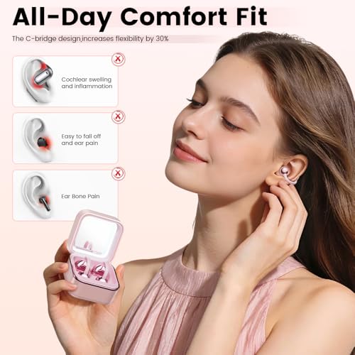 Image of Clip On Ear Headphones with a Makeup Mirror, Open Ear Earbuds Wireless Bluetooth Earbuds,Ultra-Long Battery Life, for Android /iOS Phones (Rose Gold)