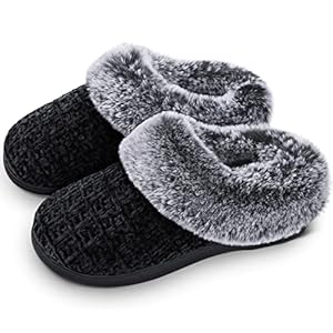 DL Women’s House Slippers with Fuzzy Plush Faux Fur Collar, Memory Foam Slip on House Shoes with Indoor Outdoor Anti…
