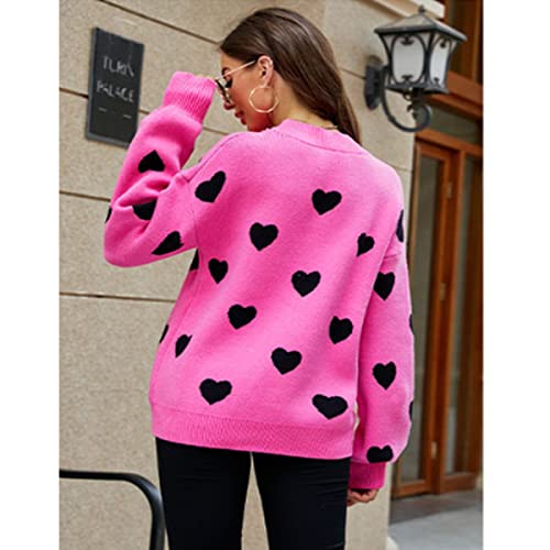 Image of Cute Sweaters for Women Girls Lovely Heart Printed Loose Casual Oversized Sweaters Crewneck Long Sleeve Pullover Knit Top (as1, Alpha, m, Regular, Regular, Standard, Hot Pink, Medium)
