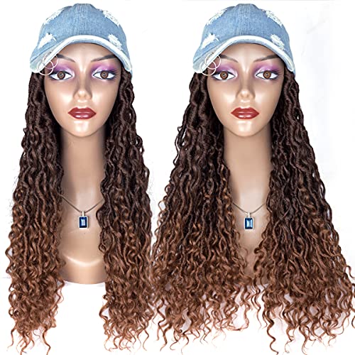 Ripped Distressed Denim Baseball Cap Wig Hat 18Inch River Faux Locs Hair Extensions Adjustable Jean Baseball Cap Hat Wig with Synthetic New Goddess Faux Locs Hair for Women Girls (1B/30#)