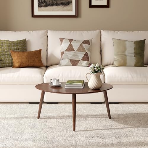 Vadisun Small Oval Coffee Table, 33.5' Mid Century Modern Coffee Table for Living Room, 100% Solid Oak Wood Side Table, Minimalist Display Center Table (Walnut Color, 33.46''Wx22.83''Dx15.74''H)