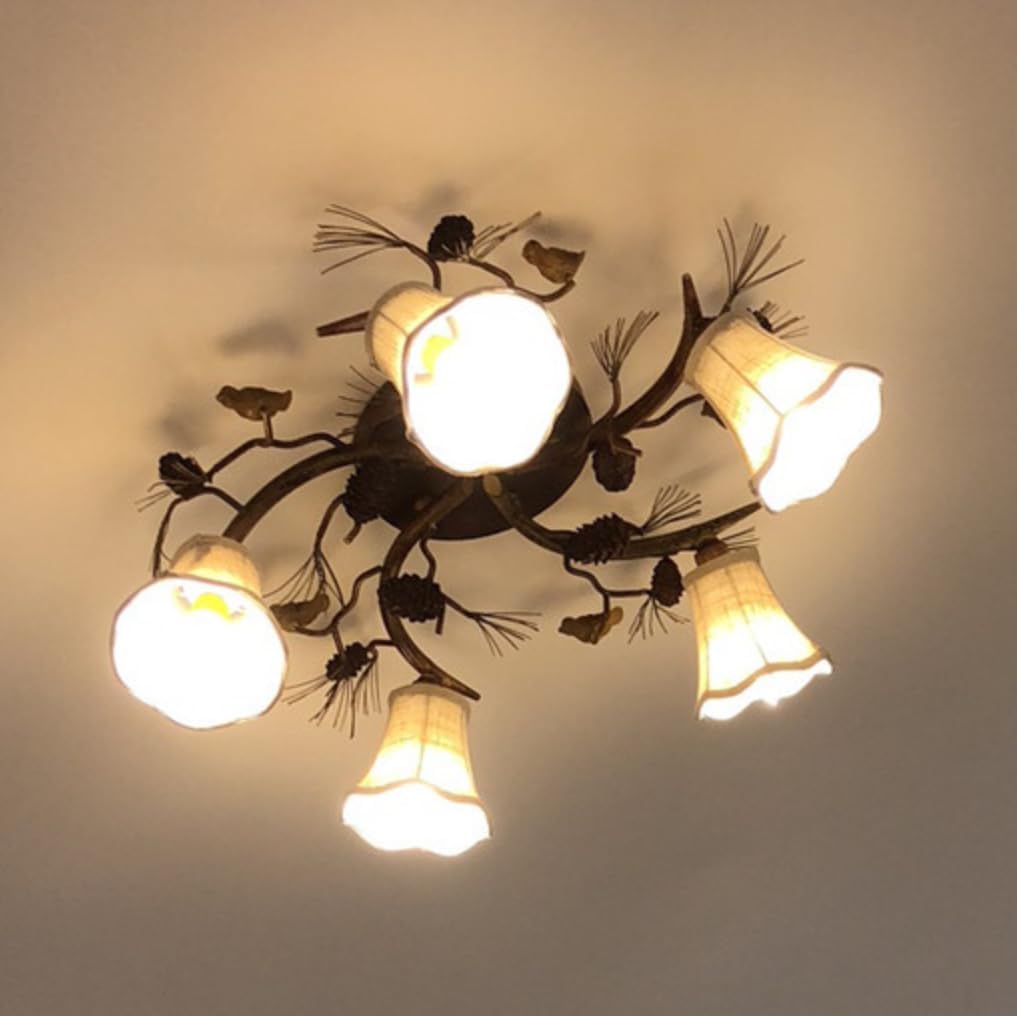 Rustic Semi Flush Mount Ceiling Light 5 Light Traditional Fabric Ceiling Mount Chandelier Rural Red Brown Ceiling Lamp Branch Shaped Ceiling Lights with Bird and Pine Cone Decor
