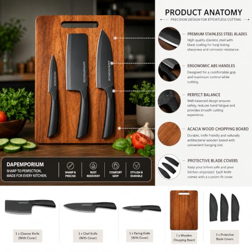 Image of Kitchen Knife Set with Wood Chopping Board (3+1) Ultra Sharp Steel Black Coated Blade with Cover & Anti-Slip Handle | Effortless Cutting | Durable Knife-Friendly Serving & Cutting Board | Ultra-Sharp Blades, Chef, Meat Cleaver & Utility Knife, Eco Friendly Multipurpose Cutting Board, Premium Quality