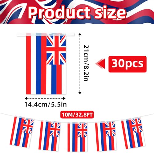 Image of 32.8 ft Hawaii Flag Banner, 30 Pcs Mini State String Flags, Red White Blue Union Jack Bunting for Hawaii Day, Parades, Luau Parties, Home, Garden, and Outdoor Decorations