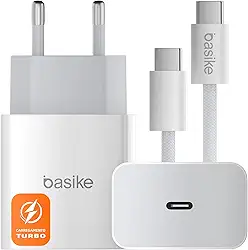 Basike Carregador Turbo 30W Tipo C com Cabo USB-C, Carregamento Rápido PD para Celulares Compatíveis com iPhone 16/15 Séries, iPad e Outros Dispositivos Tipo C