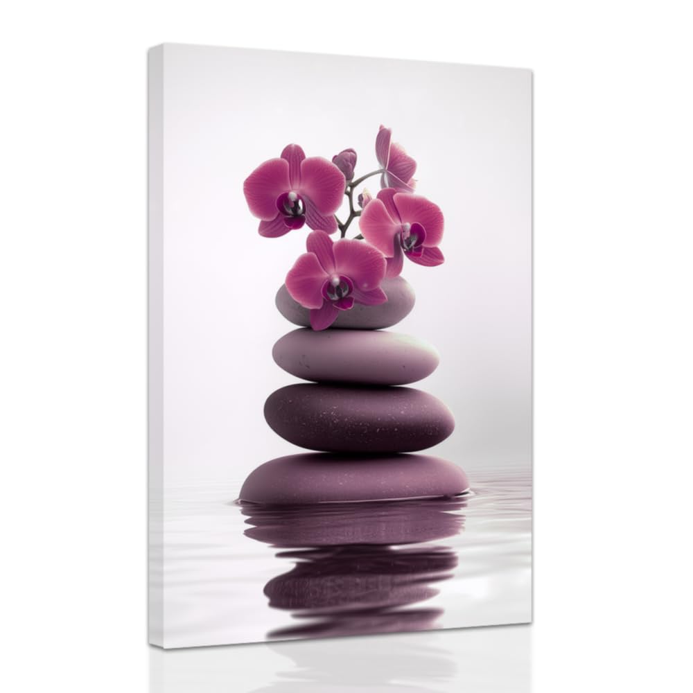 ZXHYWYM Zen Wall Art Stones Picture Orchid Canvas Painting Pink Zen Water Prints Spa Bathroom Decor Meditation Yoga Room Office Home Framed (30 x 45 cms)