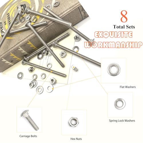 Image of 8 Sets 1 /4 inch-20 x4 Carriage Bolts Round Head Square Neck Screws with Hex Nuts Flat Washers Spring Lock Washers 304 Stainless Steel Full Thread Coverage Square Neck Bolts Assortment Kit