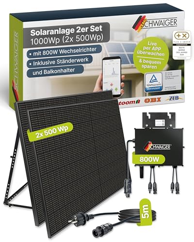 SCHWAIGER Balkonkraftwerk 2er Set mit Full Black Solarpanels 1000Wp I 2×500Wp Solarmodule...