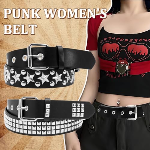 2 Pcs Black Studded Belt Set Y2K Star PU Leather Belt Gothic Punk Rock Belt with Metal Pyramid Grommets for Women Men2