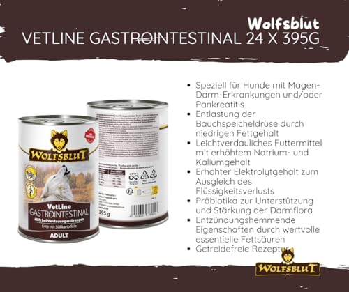Wolfsblut Vetline Hundefutter - GASTROINTESTINAL, 24x395g - Sparbundel, Sparpaket - inklusive Warnicks Tierfutterservice Hundesnack Goodie