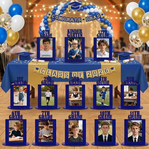 Image of AceOrbit 13 Pcs K-12 Picture Frame 4 x 6 Inch Kindergarten Through 12th Grade Picture Frame Grad School Photo Display for Graduation Party Supplies(Blue)