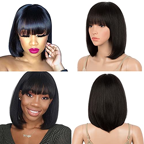 DÉBUT Short Bob Wig with Bangs Brazilian Straight Human Hair Cute Bob Virgin Hair Glueless Wigs 10 Inches (Natural Color)