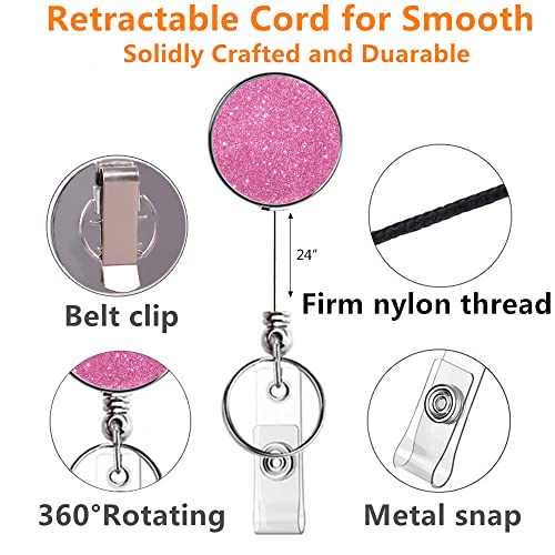 Boutilon Retractable Badge Holder, Retractable Badge Reels,Lightweight Plastic Badge Reel Card Holder With Key Ring Backing Belt Clip For Nurse,Volunteer,Teacher,Student(Glitter Pink Silver 2Pack) #TOP2