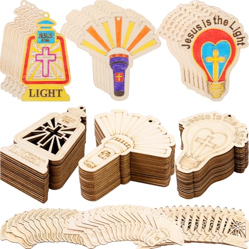 DoubleFill 48 Pcs Vbs 2026 Jesus is The Light Painting Crafts Illumination Themed Christian Sunday School Craft Color Your Own Religious Wood Bible Ornament for Classroom Church Activity Decor