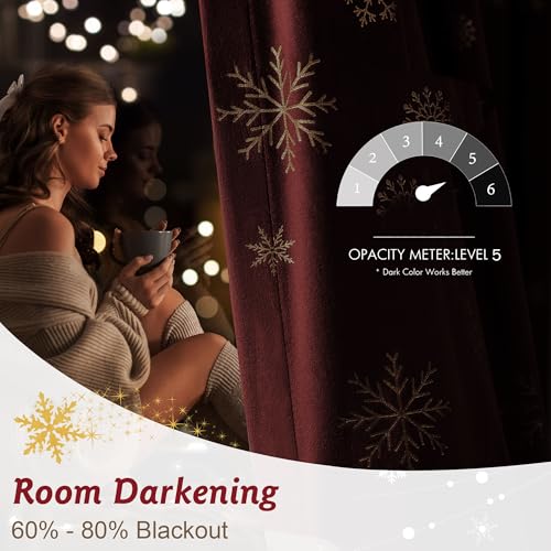 Image of Beauoop Christmas Red Velvet Curtains 63 Inches Long 2 Panels for Bedroom Living Room Gold Patterned Burgundy Thermal Insulated Room Darkening Rod Pocket Window Treatments Drapes, 52X63 Set of 2