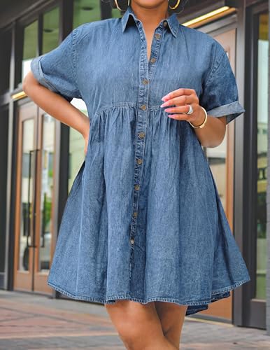 Image of Womens Denim Babydoll Dresses Summer Outfits Button Down Ruffle Tiered Jean Dress