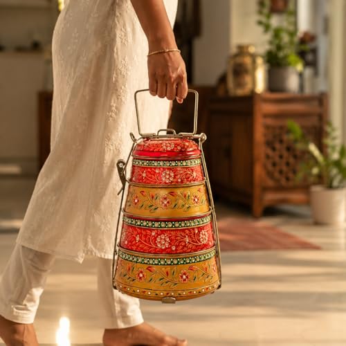 Image of iHandikart Handpainted Decorative Lunch Box Tiffin | Multiple Tier Stainless Steel Food Box | Designer Indian Print Tiffin for School | Diwali Gift, Navratri Gift (Color - Multicolor)