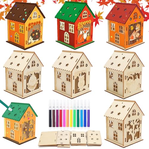 LUKIUP 7 DIY Miniature House, Lavoretti Creativi Per Bambini Casette da Dipingere, Kit Lavoretti Creativi Per Bambini Halloween, Decorazioni da Tavola, Addobbi Autunno Casa, Artigianato DIY