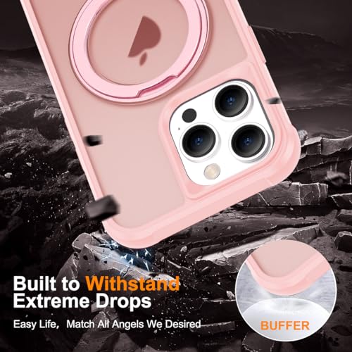 Image of Compatible with iPhone 15 Pro Max Case with Stand 6.7 inch,Pink | Matte Translucent Phone Case for iPhone 15 Pro Max,360 Magnetic Ring Stand,Compatible Mag-Safe,Military Grade Protection