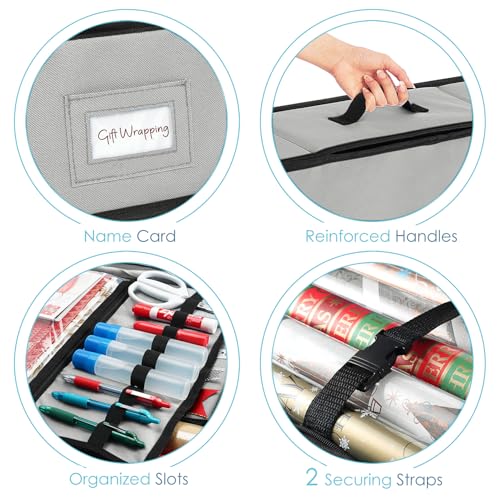 Image of Hearth & Harbor Wrapping Paper Storage Container - Christmas Storage Bag with Ribbon Dispenser and Interior Pockets - Gift Wrap Organizer Fits Up to 26 Rolls of 40 inch Length, Silver