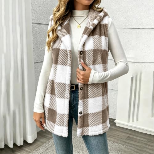 Womens Fleece Vest Fuzzy Plaid Sleeveless Hooded Button Down Sherpa Jacket - image 6