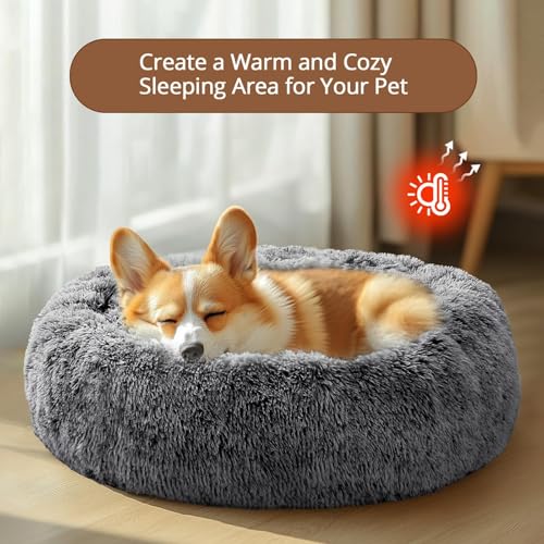 Image of JOLLYVOGUE Calming Dog Bed for Small Dogs - 23 inches Donut Washable Small Dog Bed for Kittens & Puppies, Anti-Slip Round Fluffy Plush Faux Fur Cat Beds (Fits up to 25 lbs Pets, Smoke Black)
