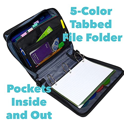 Case-It The Mighty Zip Tab Zipper Binder - 3 Inch O-Rings - 5 Color Tab Expanding File Folder - Multiple Pockets - 600 Sheet Capacity - Comes With Shoulder Strap - Black D-146 #TOP2