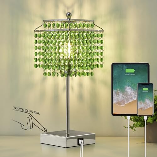 Image of Luvkczc Crystal Table Lamp with Touch Control, Bedside Crystal Table Lamp | with USB C+A Ports,Dimmable Lamp for Girls Bedroom, Living Room, Green & B11 LED Bulb Included