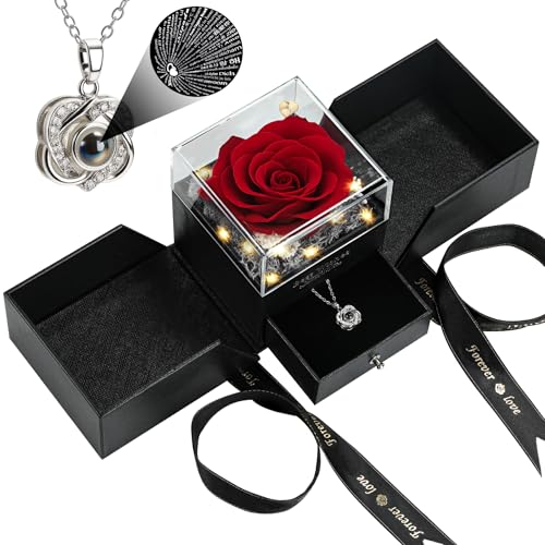 woxafo Preserved Real Red Rose with I Love You Heart Necklace 100 Languages - Eternal Flowers Rose Birthday Gifts for Women Wife Mom Girlfriend - Valentines Mothers Day Christmas Gift