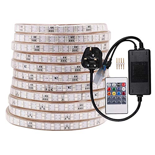 GQL Mains RGB LED Strip Lights with Remote Controller, IP65 Waterproof, AC 240V 5050 SMD Flexible Rope Light for Indoor Outside Party Christmas Decoration (120 LEDs/m, 2m)