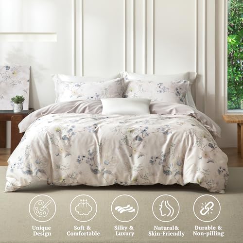 MILDLY Twin Size Duvet Cover Set 100% Long-Staple Cotton Luxury Elegant Floral Patten Reversible Comforter Cover Set 2Pcs