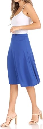FashionJOA Women's 2 Pack Solid High Waist Flare A-line Midi Skirt with Elastic Waistband