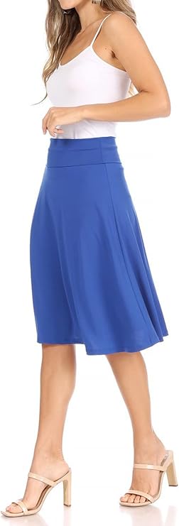 FashionJOA Women's 2 Pack Solid High Waist Flare A-line Midi Skirt with Elastic Waistband
