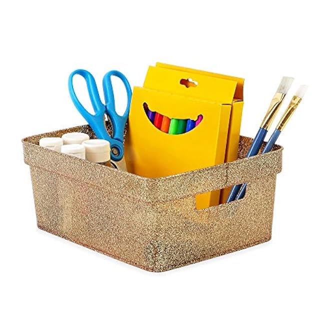 Isaac Jacobs Small Glitter Storage Bin (10¡± x 7.5¡± x 4.25¡±) Set w/Cut-Out Handles, Plastic Organizer, Multi-Functional, Home Storage Solution, Kids Playroom, Bedroom, Closet (4, Gold)