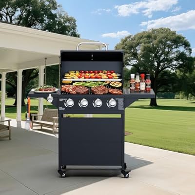 LOUAORIS 4 Burner Propane Gas Grill with Wheels, 40,000 BTU Output Outdoor BBQ Gas Grill with Side Tables for Backyard,Camping & Outdoor Cooking,Easy Assembly(Black)