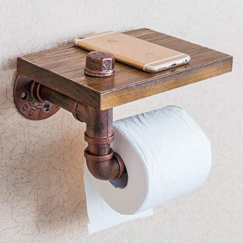 Portarotolo da parete industriale con ripiano in legno, accessorio da bagno rustico per risparmiare spazio