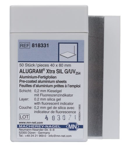 818331, TLC plate ALUGRAM SIL G/ UV254 silica 60 on aluminium good wettability for precise colourisation results 4cm x 8cm thickness of silica 0.20mm, pack of 50