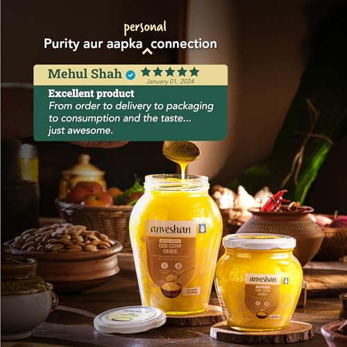 Image of Anveshan A2 Gir Cow Desi Ghee 500ML | Bilona Method | Curd-Churned & Cultured | Pure, Natural & Danedar | Lactose-Free, Gluten-Free | Grass-Fed | Lab Tested | Traditional Desi Ghee