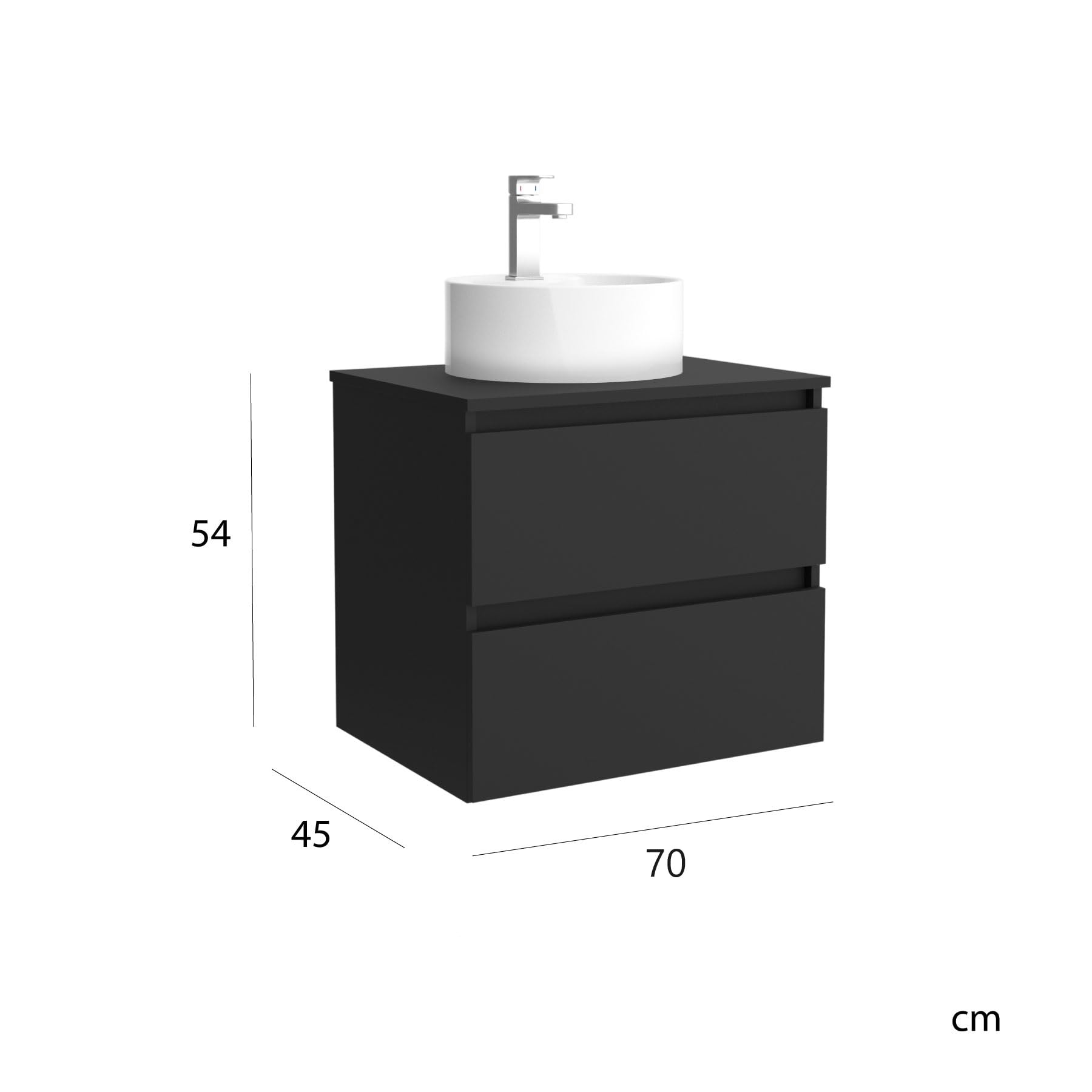 Mueble de baño Bequia 70 cm con Lavabo 100% montado de fábrica | Acabado Negro Mate suspendido 2 cajones Cierre amortiguado Apertura con uñero | Lavabo sobre encimera | Salgar