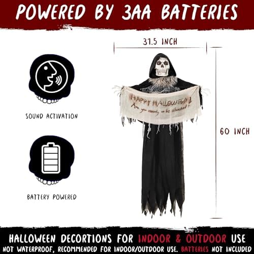 51TQs4RKOzL._AC_ Halloween Animatronics Grim Reaper Hanging 60 Inch Animated Skeleton Decorations with Sound Activated Scary Voice Scary Skull Head Luminous Eyes Scary Movement