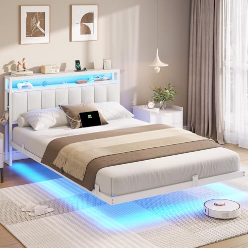 AOGLLATI Cadre de Lit 140x190 avec Multiprise et Éclairage LED, Lit 2 Personnes Flottant avec Tête de Lit Rangement, Sommier en Métal, Structure Stable, PU...