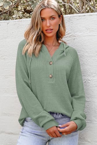 Image of Dokotoo Hoodies for Women Waffle Knit Button V Neck Casual Sweatshirt Tops