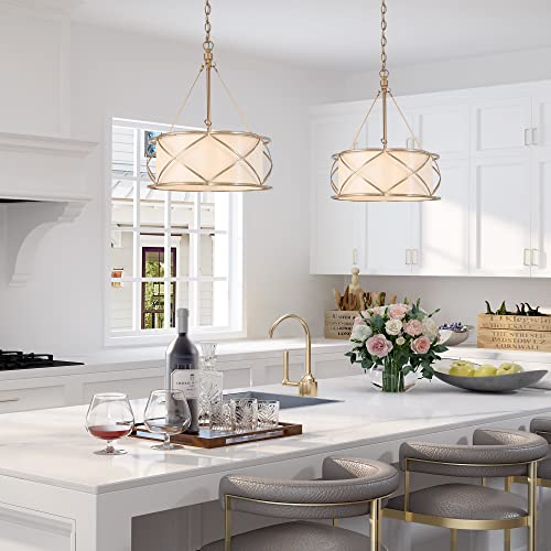 Durent Lighting Modern Gold Chandelier, 3-Light Drum Large Pendant Lighting Fixture with Fabric Shade, Cage Hanging Farmhouse Chandelier for Dining&Living Room, Bedroom, Kitchen, Foyer, Dia 15.7 - Image 6