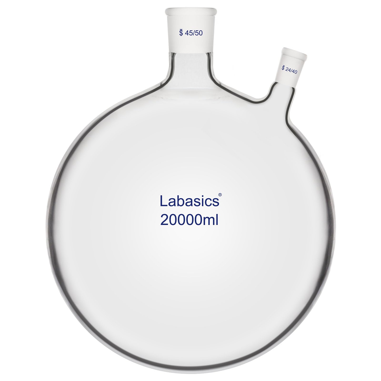 Labasics Ballon à Fond Rond à 2 Cols (20000 ml), Ballon en Verre Borosilicaté à Paroi Épaisse avec Joint Central 45/50 et Joint Latéral 24/40 pour Chauffage et Procédés de Laboratoire